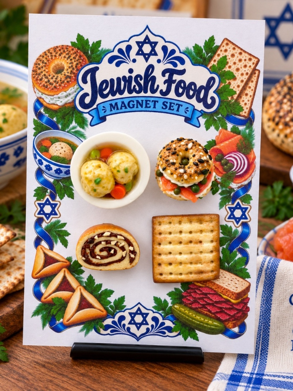 Jewish Food Magnet Set | Handmade Matzah Ball Soup, Bagel & Lox, Rugelach, Matza